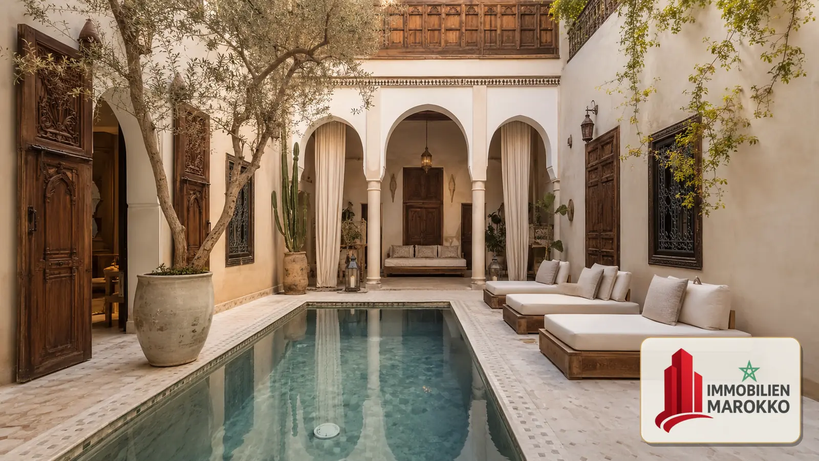 Traditional Moroccan courtyard with woodwork and a peaceful seating area Traditional Moroccan courtyard with woodwork and a peaceful seating area