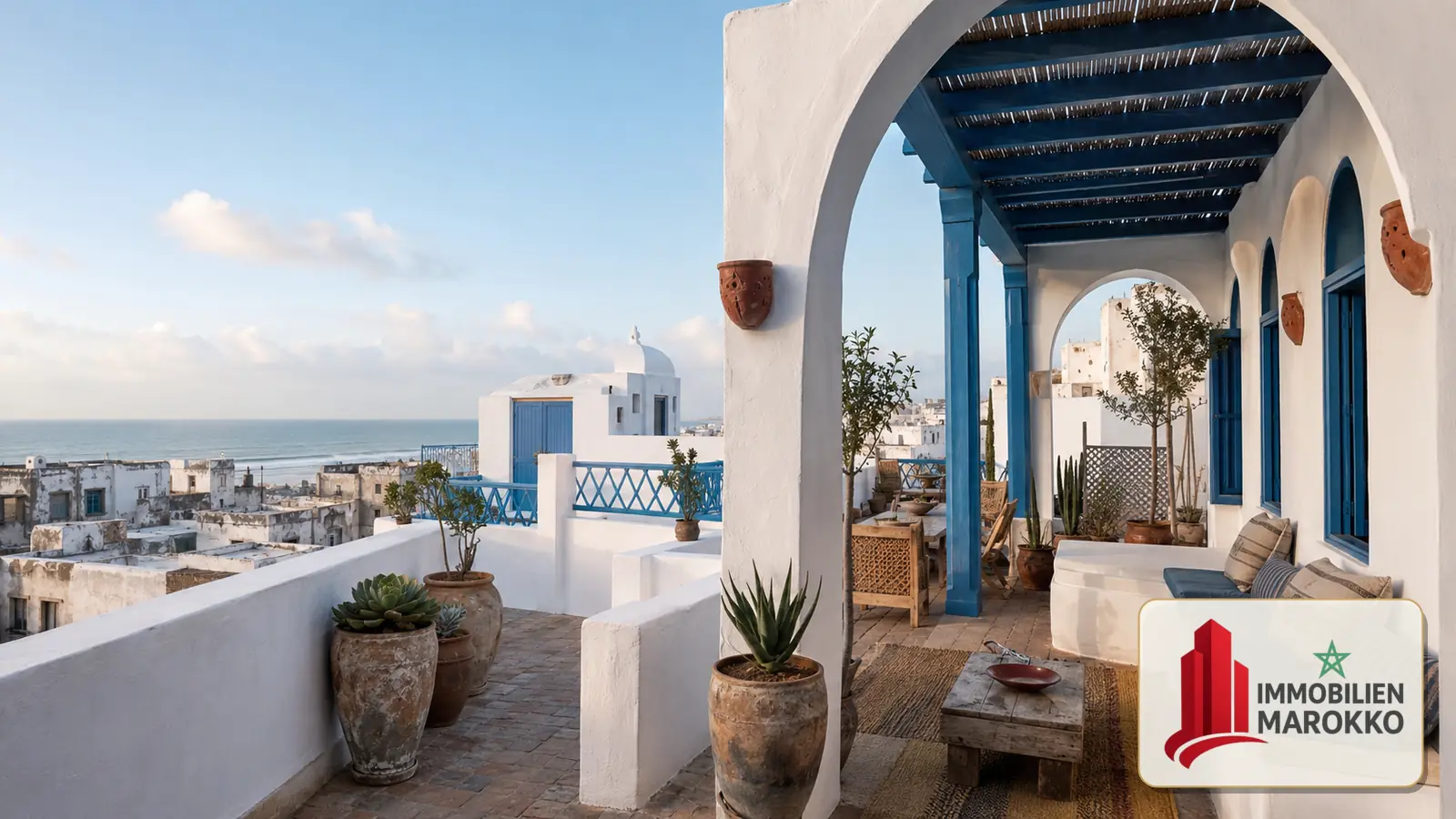 Riad roof terrace in Essaouira with views towards the Atlantic Riad roof terrace in Essaouira with views towards the Atlantic
