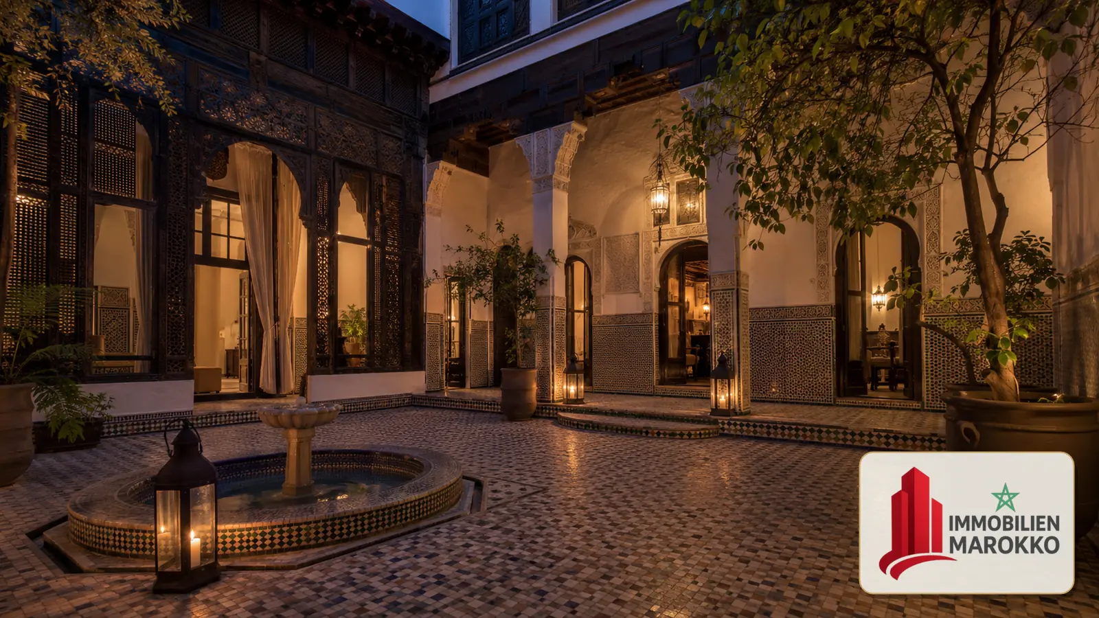 Traditional riad courtyard in Fez in the evening Traditional riad courtyard in Fez in the evening