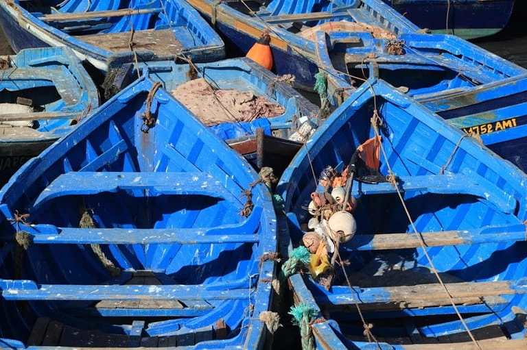 Blue fishing boats in Essaouira harbour